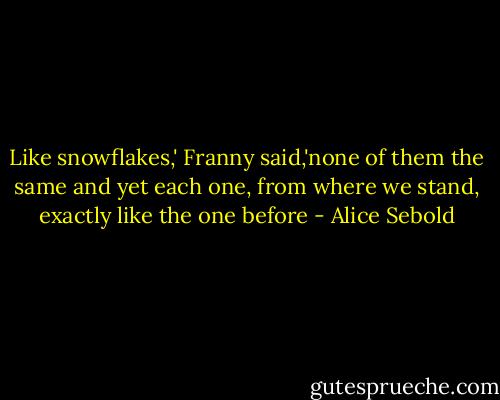 Like snowflakes,' Franny said,'none of them the same and yet each one, from where we stand, exactly like the one before - Alice Sebold