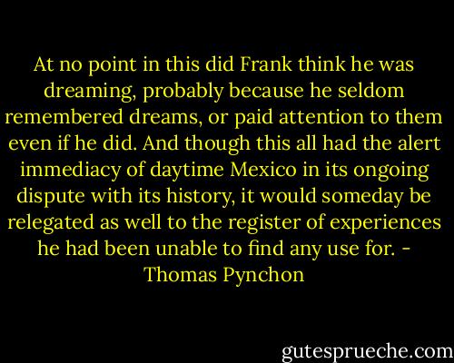 At no point in this did Frank think he was dreaming, probably because he seldom remembered dreams, or paid attention to them even if he did. And though this all had the alert immediacy of daytime Mexico in its ongoing dispute with its history, it would someday be relegated as well to the register of experiences he had been unable to find any use for. - Thomas Pynchon