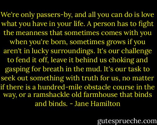We're only passers-by, and all you can do is love what you have in your life. A person has to fight the meanness that sometimes comes with you when you're born, sometimes grows if you aren't in lucky surroundings. It's our challenge to fend it off, leave it behind us choking and gasping for breath in the mud. It's our task to seek out something with truth for us, no matter if there is a hundred-mile obstacle course in the way, or a ramshackle old farmhouse that binds and binds. - Jane Hamilton