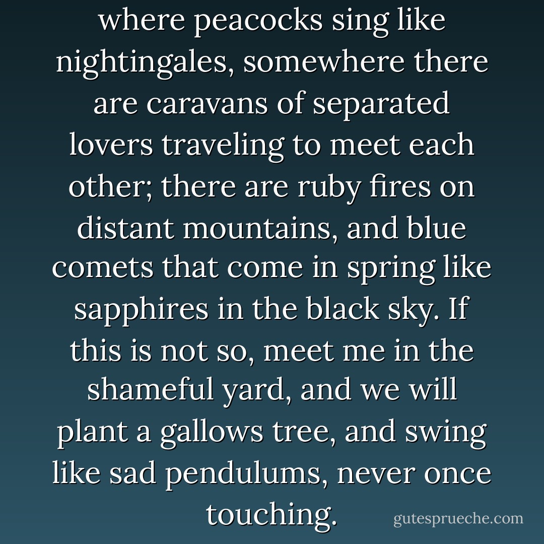 Somewhere there are gardens where peacocks sing like nightingales, somewhere there are caravans of separated lovers traveling to meet each other; there are ruby fires on distant mountains, and blue comets that come in spring like sapphires in the black sky. If this is not so, meet me in the shameful yard, and we will plant a gallows tree, and swing like sad pendulums, never once touching. - K.J. Bishop