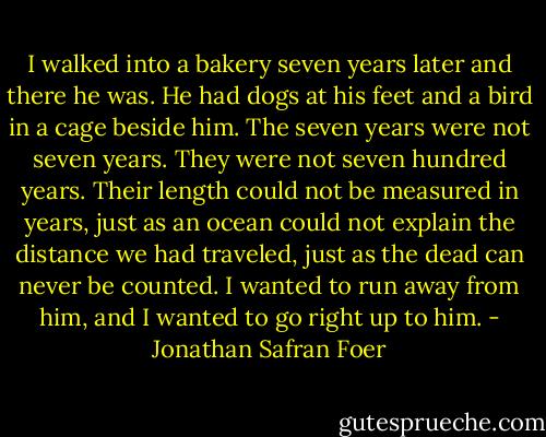 I walked into a bakery seven years later and there he was. He had dogs at his feet and a bird in a cage beside him. The seven years were not seven years. They were not seven hundred years. Their length could not be measured in years, just as an ocean could not explain the distance we had traveled, just as the dead can never be counted. I wanted to run away from him, and I wanted to go right up to him. - Jonathan Safran Foer