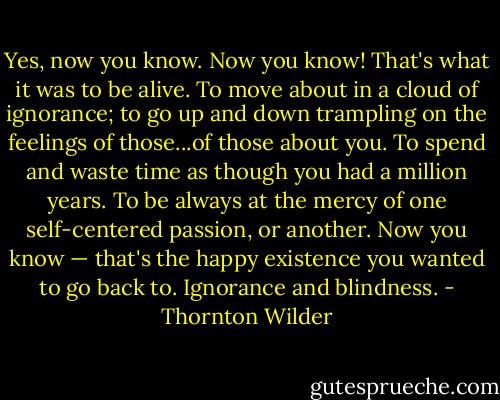 Yes, now you know. Now you know! That's what it was to be alive. To move about in a cloud of ignorance; to go up and down trampling on the feelings of those...of those about you. To spend and waste time as though you had a million years. To be always at the mercy of one self-centered passion, or another. Now you know — that's the happy existence you wanted to go back to. Ignorance and blindness. - Thornton Wilder