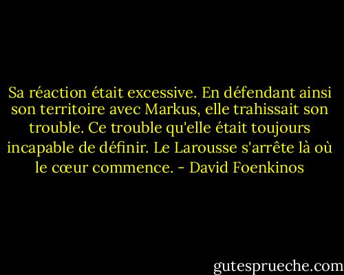 Sa réaction était excessive. En défendant ainsi son territoire avec Markus, elle trahissait son trouble. Ce trouble qu'elle était toujours incapable de définir. Le Larousse s'arrête là où le cœur commence. - David Foenkinos