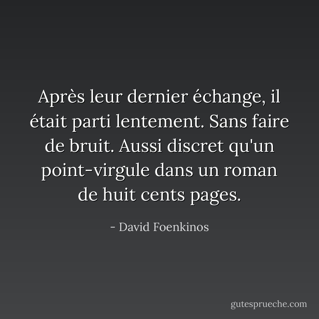 Après leur dernier échange, il était parti lentement. Sans faire de bruit. Aussi discret qu'un point-virgule dans un roman de huit cents pages. - David Foenkinos