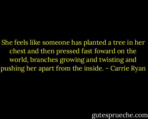 She feels like someone has planted a tree in her chest and then pressed fast foward on the world, branches growing and twisting and pushing her apart from the inside. - Carrie Ryan