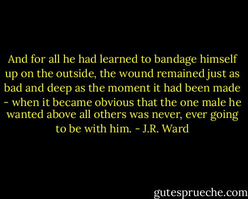 And for all he had learned to bandage himself up on the outside, the wound remained just as bad and deep as the moment it had been made - when it became obvious that the one male he wanted above all others was never, ever going to be with him. - J.R. Ward