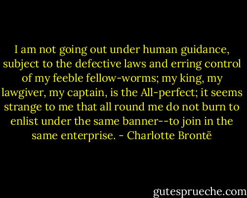 I am not going out under human guidance, subject to the defective laws and erring control of my feeble fellow-worms; my king, my lawgiver, my captain, is the All-perfect; it seems strange to me that all round me do not burn to enlist under the same banner--to join in the same enterprise. - Charlotte Brontë
