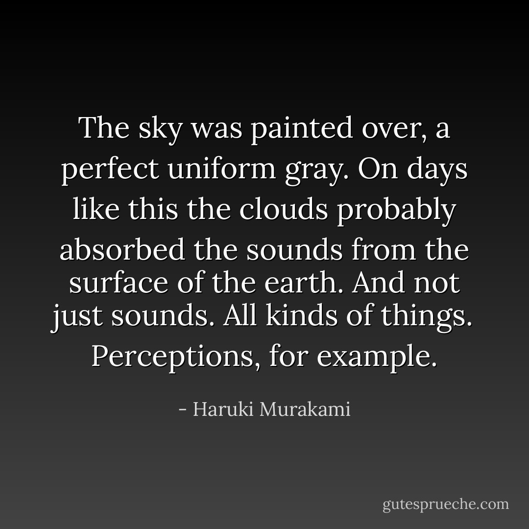The sky was painted over, a perfect uniform gray. On days like this the clouds probably absorbed the sounds from the surface of the earth. And not just sounds. All kinds of things. Perceptions, for example. - Haruki Murakami