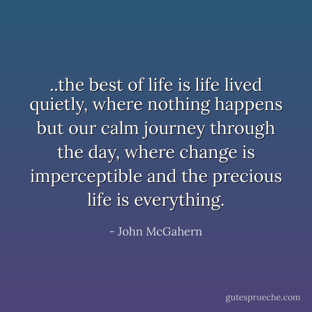 ..the best of life is life lived quietly, where nothing happens but our calm journey through the day, where change is imperceptible and the precious life is everything. - John McGahern