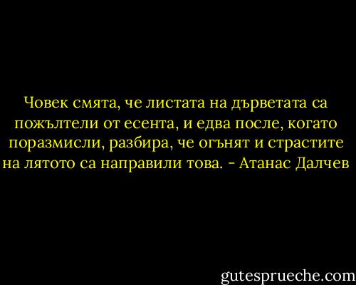 Човек смята, че листата на дърветата са пожълтели от есента, и едва после, когато поразмисли, разбира, че огънят и страстите на лятото са направили това. - Атанас Далчев