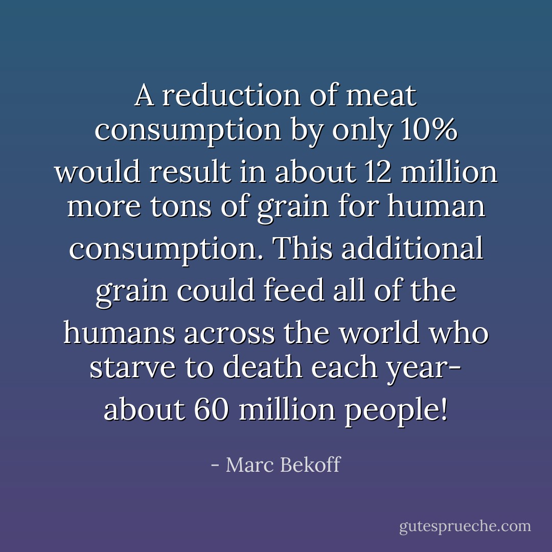 A reduction of meat consumption by only 10% would result in about 12 million more tons of grain for human consumption. This additional grain could feed all of the humans across the world who starve to death each year- about 60 million people! - Marc Bekoff