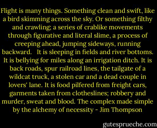 Flight is many things. Something clean and swift, like a bird skimming across the sky. Or something filthy and crawling; a series of crablike movements through figurative and literal slime, a process of creeping ahead, jumping sideways, running backward. <br /><br />It is sleeping in fields and river bottoms. It is bellying for miles along an irrigation ditch. It is back roads, spur railroad lines, the tailgate of a wildcat truck, a stolen car and a dead couple in lovers' lane. It is food pilfered from freight cars, garments taken from clotheslines; robbery and murder, sweat and blood. The complex made simple by the alchemy of necessity - Jim Thompson