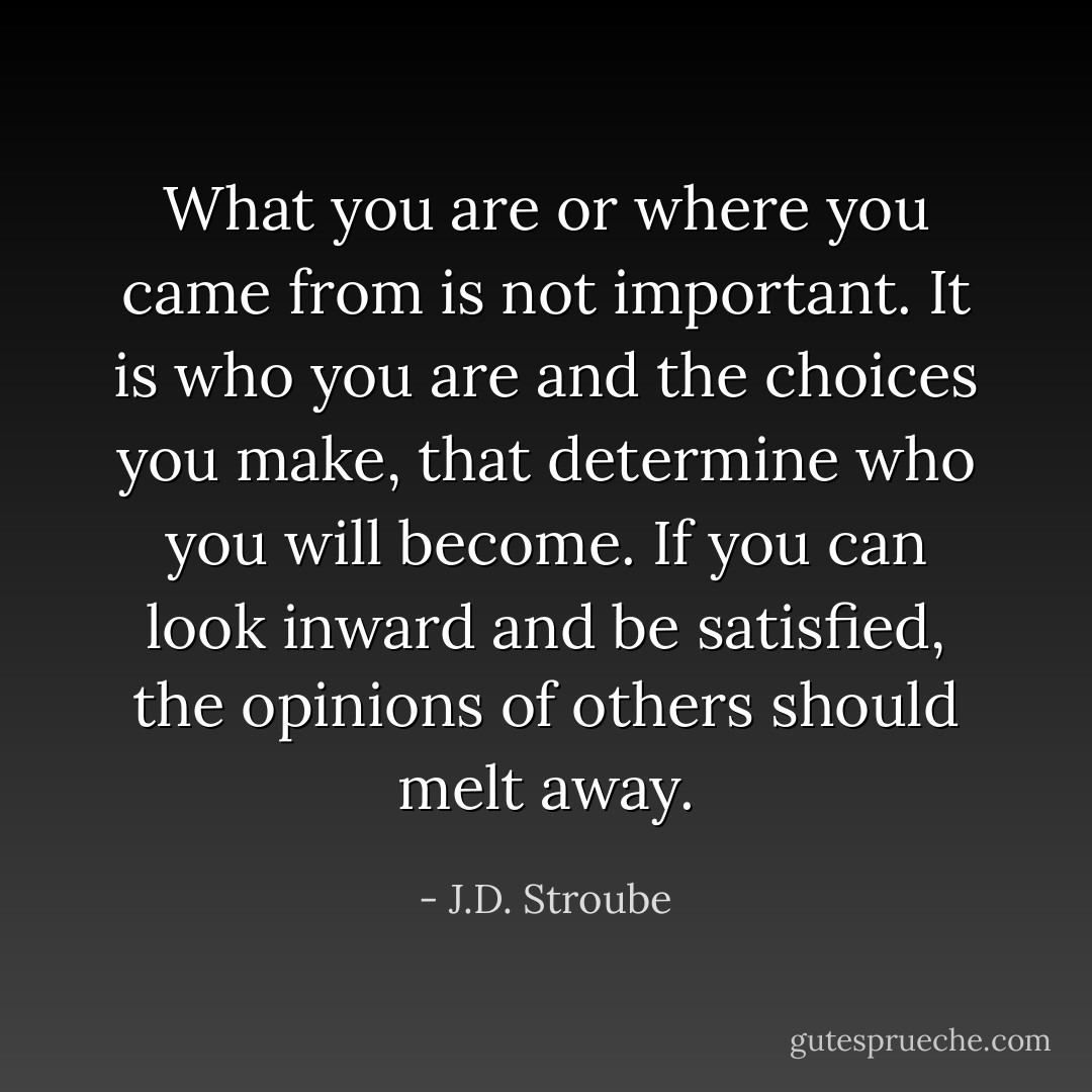 What you are or where you came from is not important. It is who you are and the choices you make, that determine who you will become. If you can look inward and be satisfied, the opinions of others should melt away. - J.D. Stroube