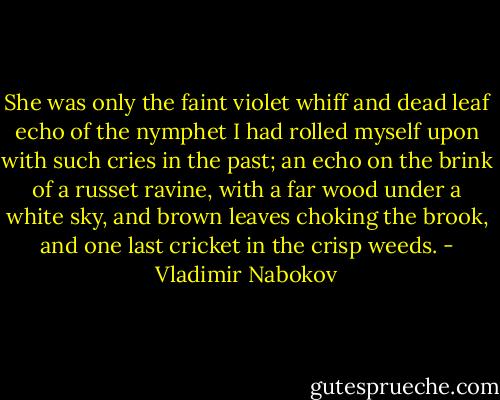 She was only the faint violet whiff and dead leaf echo of the nymphet I had rolled myself upon with such cries in the past; an echo on the brink of a russet ravine, with a far wood under a white sky, and brown leaves choking the brook, and one last cricket in the crisp weeds. - Vladimir Nabokov