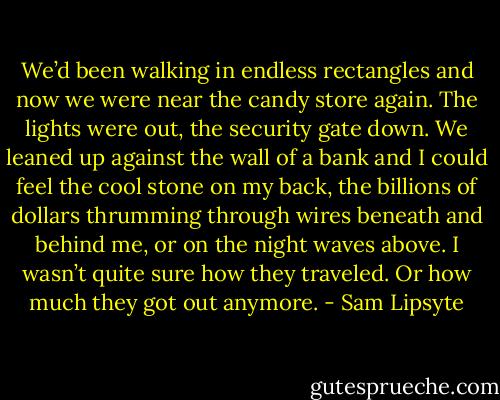 We’d been walking in endless rectangles and now we were near the candy store again. The lights were out, the security gate down. We leaned up against the wall of a bank and I could feel the cool stone on my back, the billions of dollars thrumming through wires beneath and behind me, or on the night waves above. I wasn’t quite sure how they traveled. Or how much they got out anymore. - Sam Lipsyte