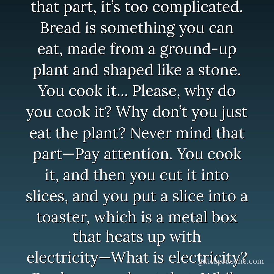 Toast is when you take a piece of bread—What is bread? Bread is when you take some flour—What is flour? We’ll skip that part, it’s too complicated. Bread is something you can eat, made from a ground-up plant and shaped like a stone. You cook it... Please, why do you cook it? Why don’t you just eat the plant? Never mind that part—Pay attention. You cook it, and then you cut it into slices, and you put a slice into a toaster, which is a metal box that heats up with electricity—What is electricity? Don’t worry about that. While the slice is in the toaster, you get out the... - Margaret Atwood