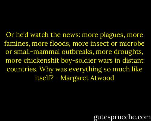 Or he’d watch the news: more plagues, more famines, more floods, more insect or microbe or small-mammal outbreaks, more droughts, more chickenshit boy-soldier wars in distant countries. Why was everything so much like itself? - Margaret Atwood