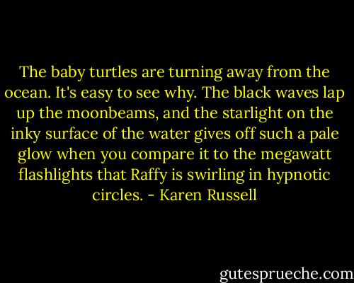 The baby turtles are turning away from the ocean. It's easy to see why. The black waves lap up the moonbeams, and the starlight on the inky surface of the water gives off such a pale glow when you compare it to the megawatt flashlights that Raffy is swirling in hypnotic circles. - Karen Russell