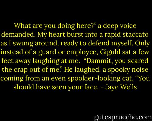 What are you doing here?” a deep voice demanded. My heart burst into a rapid staccato as I swung around, ready to defend myself. Only instead of a guard or employee, Giguhl sat a few feet away laughing at me. <br />“Dammit, you scared the crap out of me.”<br />He laughed, a spooky noise coming from an even spookier-looking cat. “You should have seen your face. - Jaye Wells