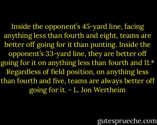 Inside the opponent’s 45-yard line, facing anything less than fourth and eight, teams are better off going for it than punting. Inside the opponent’s 33-yard line, they are better off going for it on anything less than fourth and 11.* Regardless of field position, on anything less than fourth and five, teams are always better off going for it. - L. Jon Wertheim
