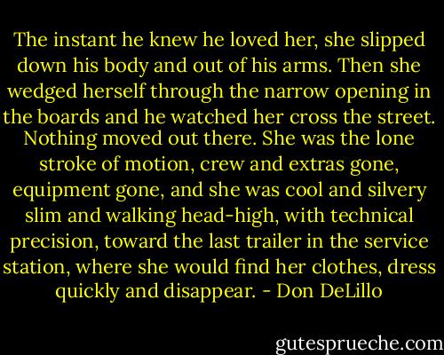 The instant he knew he loved her, she slipped down his body and out of his arms. Then she wedged herself through the narrow opening in the boards and he watched her cross the street. Nothing moved out there. She was the lone stroke of motion, crew and extras gone, equipment gone, and she was cool and silvery slim and walking head-high, with technical precision, toward the last trailer in the service station, where she would find her clothes, dress quickly and disappear. - Don DeLillo