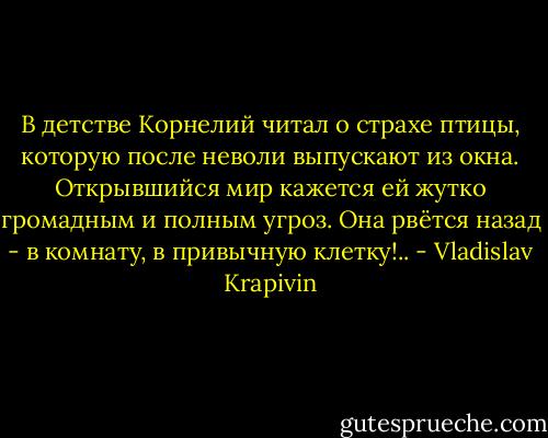 В детстве Корнелий читал о страхе птицы, которую после неволи выпускают из окна. Открывшийся мир кажется ей жутко громадным и полным угроз. Она рвётся назад - в комнату, в привычную клетку!.. - Vladislav Krapivin