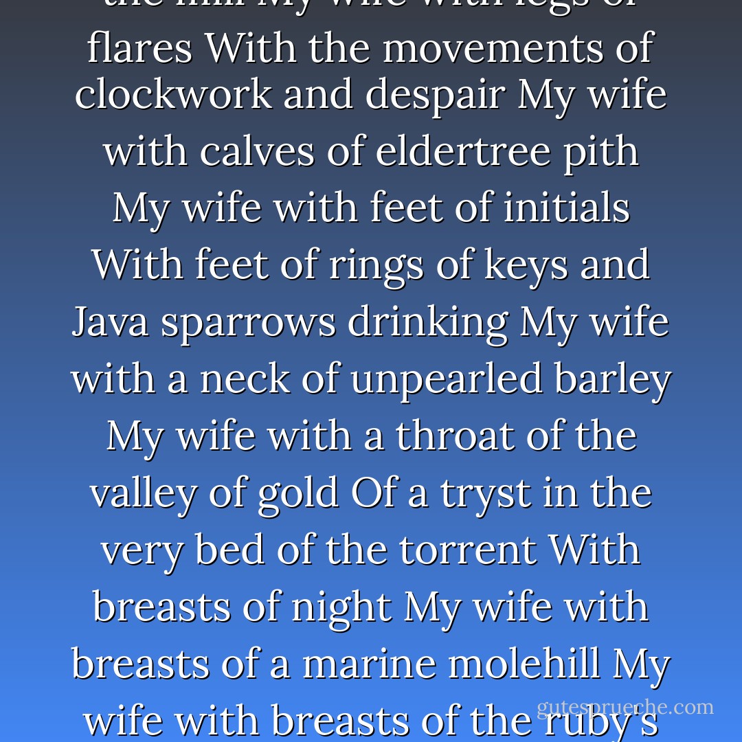 L'union libre [Freedom of Love]" <br /><br />My wife with the hair of a wood fire<br />With the thoughts of heat lightning<br />With the waist of an hourglass<br />With the waist of an otter in the teeth of a tiger<br />My wife with the lips of a cockade and of a bunch of stars of the last magnitude<br />With the teeth of tracks of white mice on the white earth<br />With the tongue of rubbed amber and glass<br />My wife with the tongue of a stabbed host<br />With the tongue of a doll that opens and closes its eyes<br />With the tongue of an unbelievable stone<br />My wife with the eyelashes of strokes of a child's writing<br />With brows of the edge of a swallow's nest<br />My wife with the brow of slates of a hothouse roof<br />And of steam on the panes<br />My wife with shoulders of champagne<br />And of a fountain with dolphin-heads beneath the ice<br />My wife with wrists of matches<br />My wife with fingers of luck and ace of hearts<br />With fingers of mown hay<br />My wife with armpits of marten and of beechnut<br />And of Midsummer Night<br />Of privet and of an angelfish nest<br />With arms of seafoam and of riverlocks<br />And of a mingling of the wheat and the mill<br />My wife with legs of flares<br />With the movements of clockwork and despair<br />My wife with calves of eldertree pith<br />My wife with feet of initials<br />With feet of rings of keys and Java sparrows drinking<br />My wife with a neck of unpearled barley<br />My wife with a throat of the valley of gold<br />Of a tryst in the very bed of the torrent<br />With breasts of night<br />My wife with breasts of a marine molehill<br />My wife with breasts of the ruby's crucible<br />With breasts of the rose's spectre beneath the dew<br />My wife with the belly of an unfolding of the fan of days<br />With the belly of a gigantic claw<br />My wife with the back of a bird fleeing vertically<br />With a back of quicksilver<br />With a back of light<br />With a nape of rolled stone and wet chalk<br />And of the drop of a glass where one has just been drinking<br />My wife with hips of a skiff<br />With hips of a chandelier and of arrow-feathers<br />And of shafts of white peacock plumes<br />Of an insensible pendulum<br />My wife with buttocks of sandstone and asbestos<br />My wife with buttocks of swans' backs<br />My wife with buttocks of spring<br />With the sex of an iris<br />My wife with the sex of a mining-placer and of a platypus<br />My wife with a sex of seaweed and ancient sweetmeat<br />My wife with a sex of mirror<br />My wife with eyes full of tears<br />With eyes of purple panoply and of a magnetic needle<br />My wife with savanna eyes<br />My wife with eyes of water to he drunk in prison<br />My wife with eyes of wood always under the axe<br />My wife with eyes of water-level of level of air earth and fire - André Breton