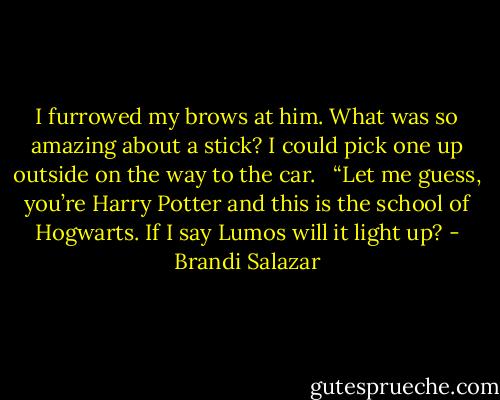 I furrowed my brows at him. What was so amazing about a stick? I could pick one up outside on the way to the car. <br /><br />“Let me guess, you’re Harry Potter and this is the school of Hogwarts. If I say Lumos will it light up? - Brandi Salazar