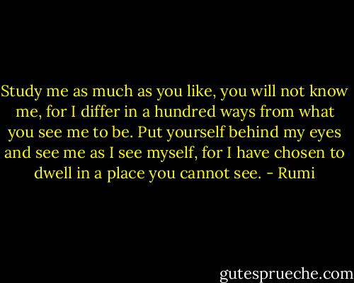 Study me as much as you like, you will not know me, for I differ in a hundred ways from what you see me to be. Put yourself behind my eyes and see me as I see myself, for I have chosen to dwell in a place you cannot see. - Rumi