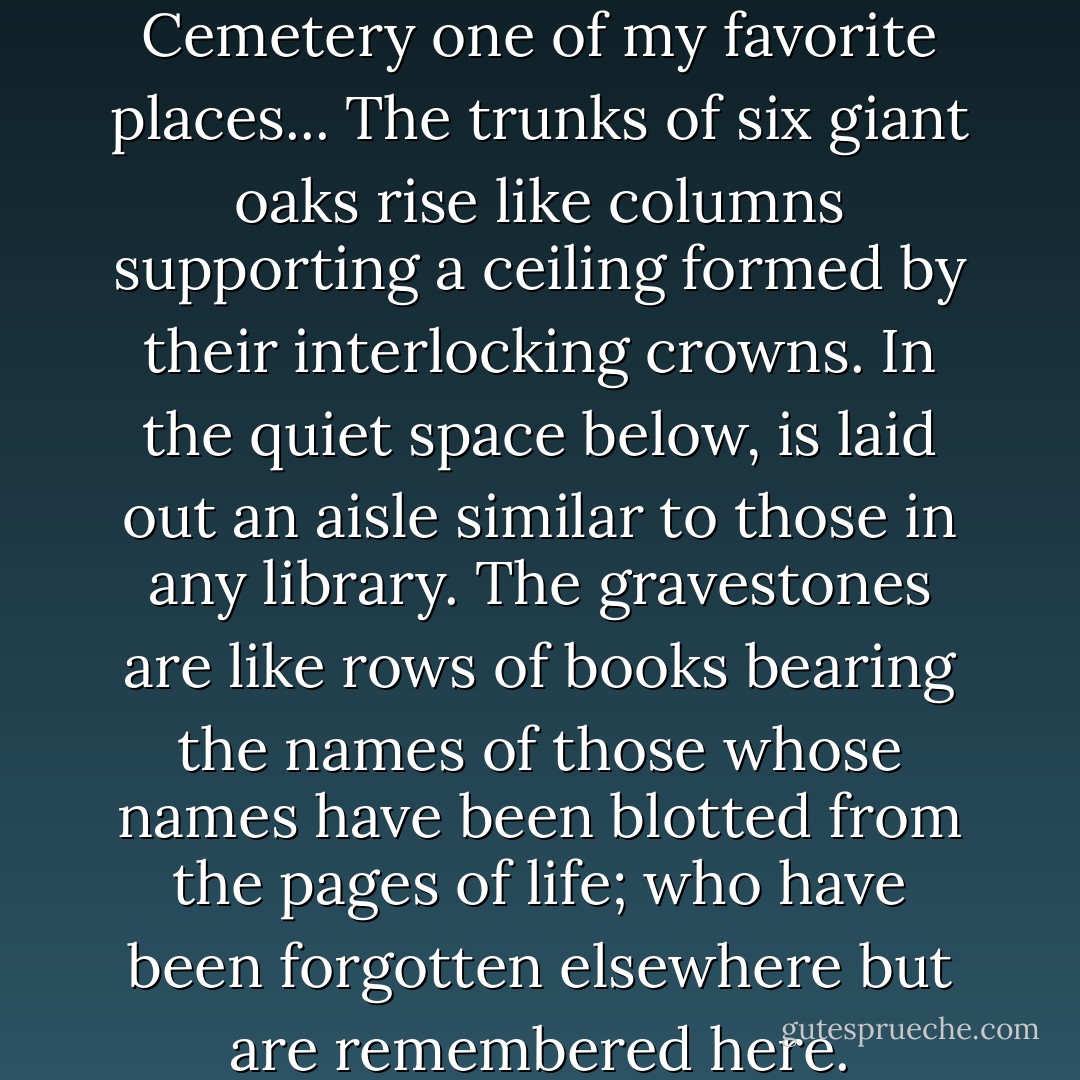 I stopped in St. Bernadette's Cemetery one of my favorite places... The trunks of six giant oaks rise like columns supporting a ceiling formed by their interlocking crowns. In the quiet space below, is laid out an aisle similar to those in any library. The gravestones are like rows of books bearing the names of those whose names have been blotted from the pages of life; who have been forgotten elsewhere but are remembered here. - Dean Koontz