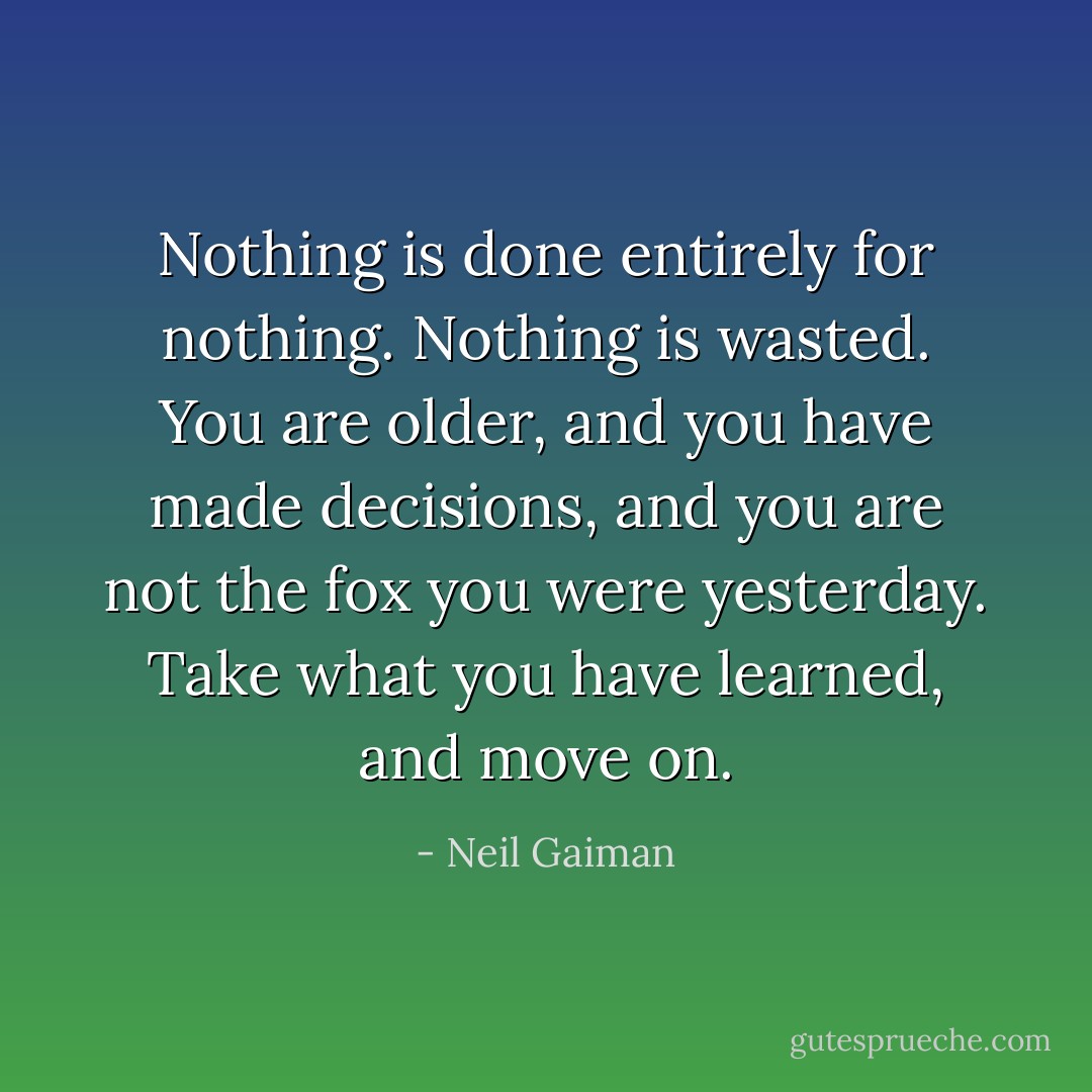 Nothing is done entirely for nothing. Nothing is wasted. You are older, and you have made decisions, and you are not the fox you were yesterday. Take what you have learned, and move on. - Neil Gaiman