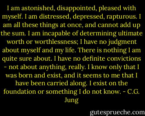 I am astonished, disappointed, pleased with myself. I am distressed, depressed, rapturous. I am all these things at once, and cannot add up the sum. I am incapable of determining ultimate worth or worthlessness; I have no judgment about myself and my life. There is nothing I am quite sure about. I have no definite convictions - not about anything, really. I know only that I was born and exist, and it seems to me that I have been carried along. I exist on the foundation or something I do not know. - C.G. Jung