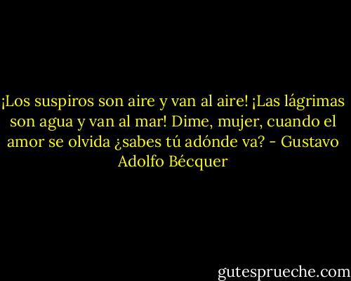 ¡Los suspiros son aire y van al aire!<br />¡Las lágrimas son agua y van al mar!<br />Dime, mujer, cuando el amor se olvida<br />¿sabes tú adónde va? - Gustavo Adolfo Bécquer