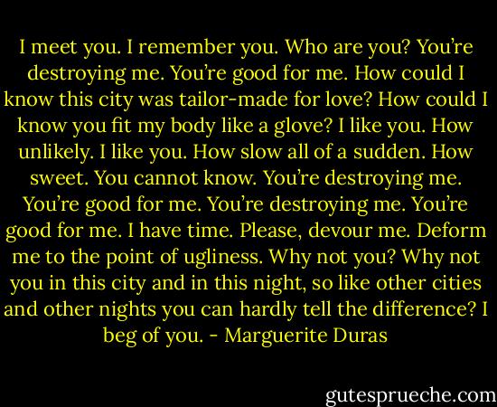 I meet you. I remember you. Who are you? You’re destroying me. You’re good for me. How could I know this city was tailor-made for love? How could I know you fit my body like a glove? I like you. How unlikely. I like you. How slow all of a sudden. How sweet. You cannot know. You’re destroying me. You’re good for me. You’re destroying me. You’re good for me. I have time. Please, devour me. Deform me to the point of ugliness. Why not you? Why not you in this city and in this night, so like other cities and other nights you can hardly tell the difference? I beg of you. - Marguerite Duras