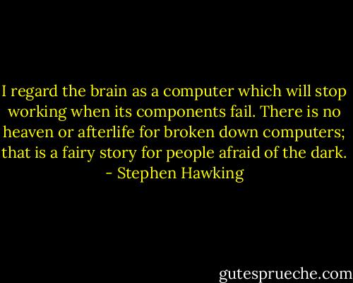 I regard the brain as a computer which will stop working when its components fail. There is no heaven or afterlife for broken down computers; that is a fairy story for people afraid of the dark. - Stephen Hawking