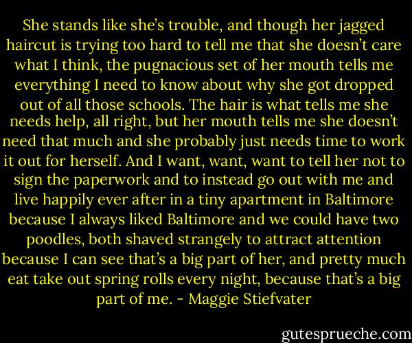 She stands like she’s trouble, and though her jagged haircut is trying too hard to tell me that she doesn’t care what I think, the pugnacious set of her mouth tells me everything I need to know about why she got dropped out of all those schools. The hair is what tells me she needs help, all right, but her mouth tells me she doesn’t need that much and she probably just needs time to work it out for herself. And I want, want, want to tell her not to sign the paperwork and to instead go out with me and live happily ever after in a tiny apartment in Baltimore because I always liked Baltimore and we could have two poodles, both shaved strangely to attract attention because I can see that’s a big part of her, and pretty much eat take out spring rolls every night, because that’s a big part of me. - Maggie Stiefvater