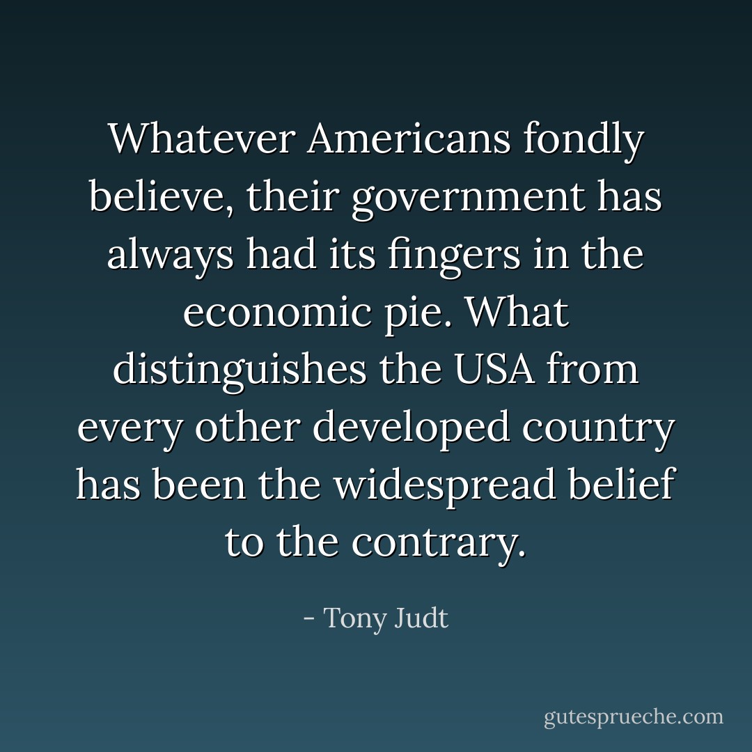 Whatever Americans fondly believe, their government has always had its fingers in the economic pie. What distinguishes the USA from every other developed country has been the widespread belief to the contrary. - Tony Judt