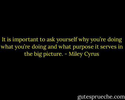 It is important to ask yourself why you’re doing what you’re doing and what purpose it serves in the big picture. - Miley Cyrus