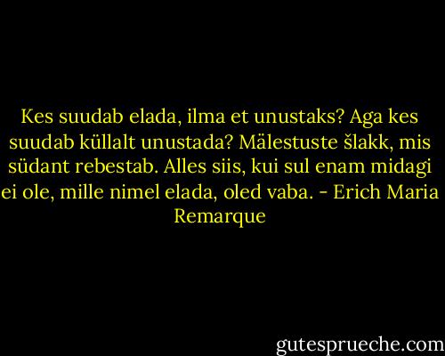 Kes suudab elada, ilma et unustaks? Aga kes suudab küllalt unustada? Mälestuste šlakk, mis südant rebestab. Alles siis, kui sul enam midagi ei ole, mille nimel elada, oled vaba. - Erich Maria Remarque