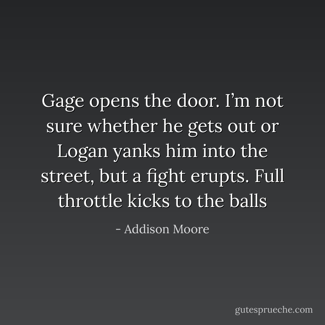 Gage opens the door. I’m not sure whether he gets out or Logan yanks him into the street, but a fight erupts. Full throttle kicks to the balls - Addison Moore