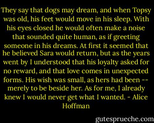 They say that dogs may dream, and when Topsy was old, his feet would move in his sleep. With his eyes closed he would often make a noise that sounded quite human, as if greeting someone in his dreams. At first it seemed that he believed Sara would return, but as the years went by I understood that his loyalty asked for no reward, and that love comes in unexpected forms. His wish was small, as hers had been -- merely to be beside her. As for me, I already knew I would never get what I wanted. - Alice Hoffman