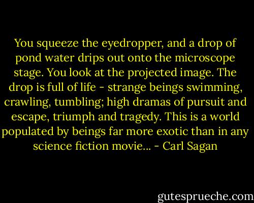 You squeeze the eyedropper, and a drop of pond water drips out onto the microscope stage. You look at the projected image. The drop is full of life - strange beings swimming, crawling, tumbling; high dramas of pursuit and escape, triumph and tragedy. This is a world populated by beings far more exotic than in any science fiction movie... - Carl Sagan