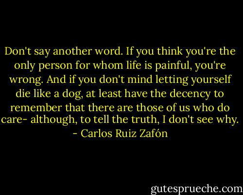 Don't say another word. If you think you're the only person for whom life is painful, you're wrong. And if you don't mind letting yourself die like a dog, at least have the decency to remember that there are those of us who do care- although, to tell the truth, I don't see why. - Carlos Ruiz Zafón
