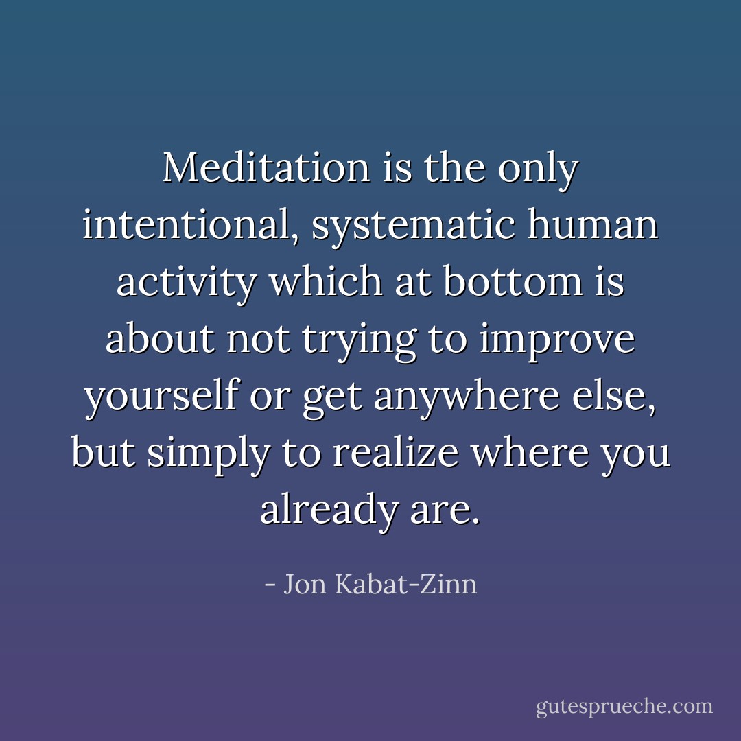Meditation is the only intentional, systematic human activity which at bottom is about not trying to improve yourself or get anywhere else, but simply to realize where you already are. - Jon Kabat-Zinn