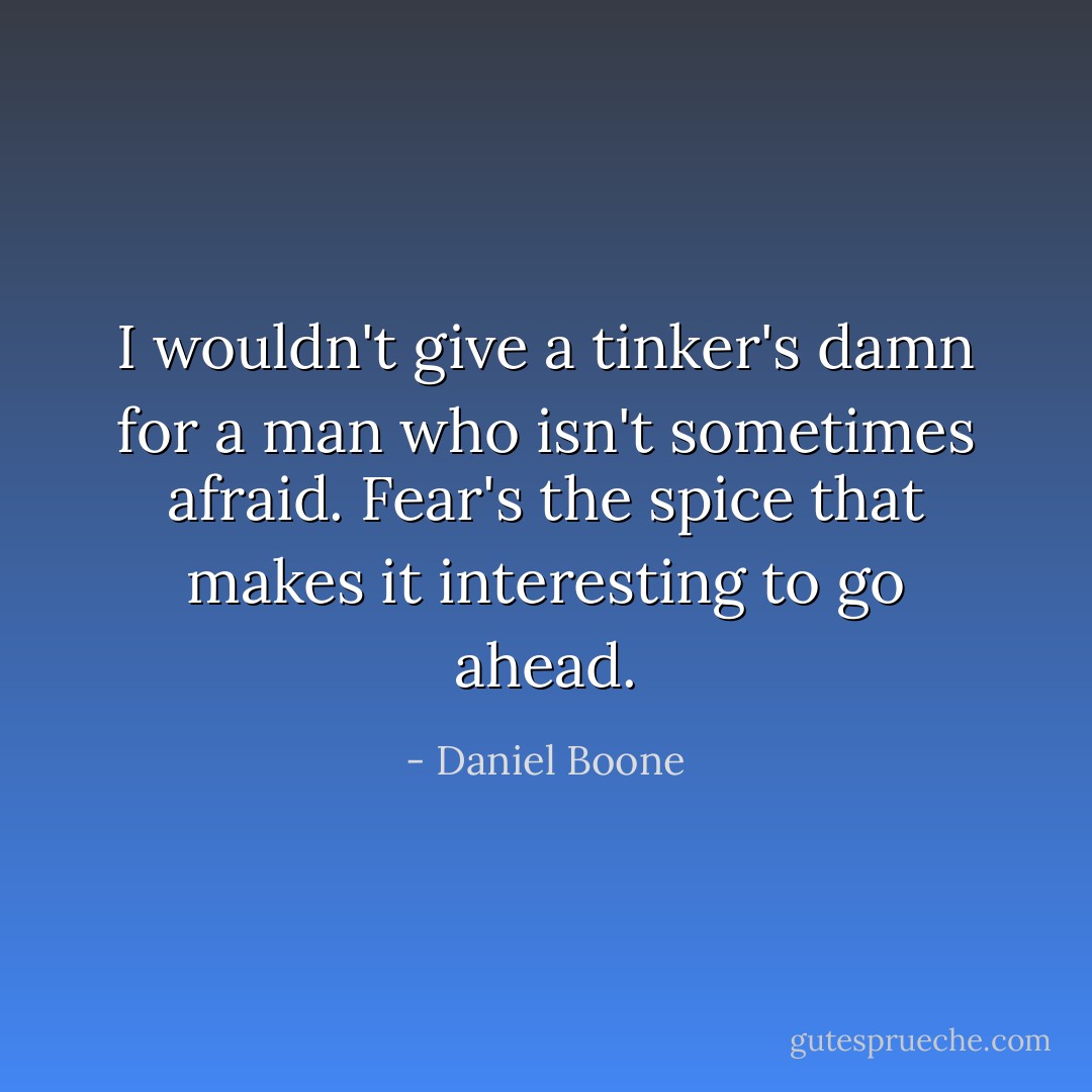 I wouldn't give a tinker's damn for a man who isn't sometimes afraid. Fear's the spice that makes it interesting to go ahead. - Daniel Boone