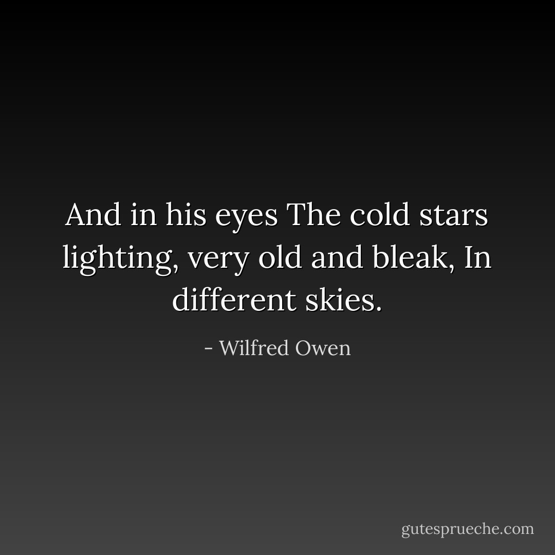 And in his eyes<br />The cold stars lighting, very old and bleak,<br />In different skies. - Wilfred Owen