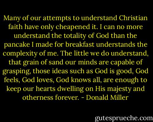 Many of our attempts to understand Christian faith have only cheapened it. I can no more understand the totality of God than the pancake I made for breakfast understands the complexity of me. The little we do understand, that grain of sand our minds are capable of grasping, those ideas such as God is good, God feels, God loves, God knows all, are enough to keep our hearts dwelling on His majesty and otherness forever. - Donald Miller