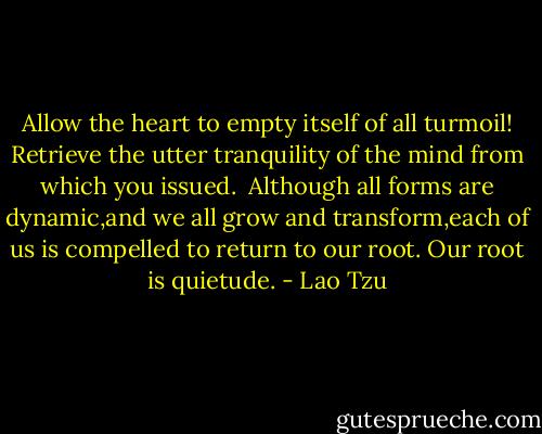 Allow the heart to empty itself of all turmoil! Retrieve the utter tranquility of the mind from which you issued.<br /><br />Although all forms are dynamic,and we all grow and transform,each of us is compelled to return to our root. Our root is quietude. - Lao Tzu