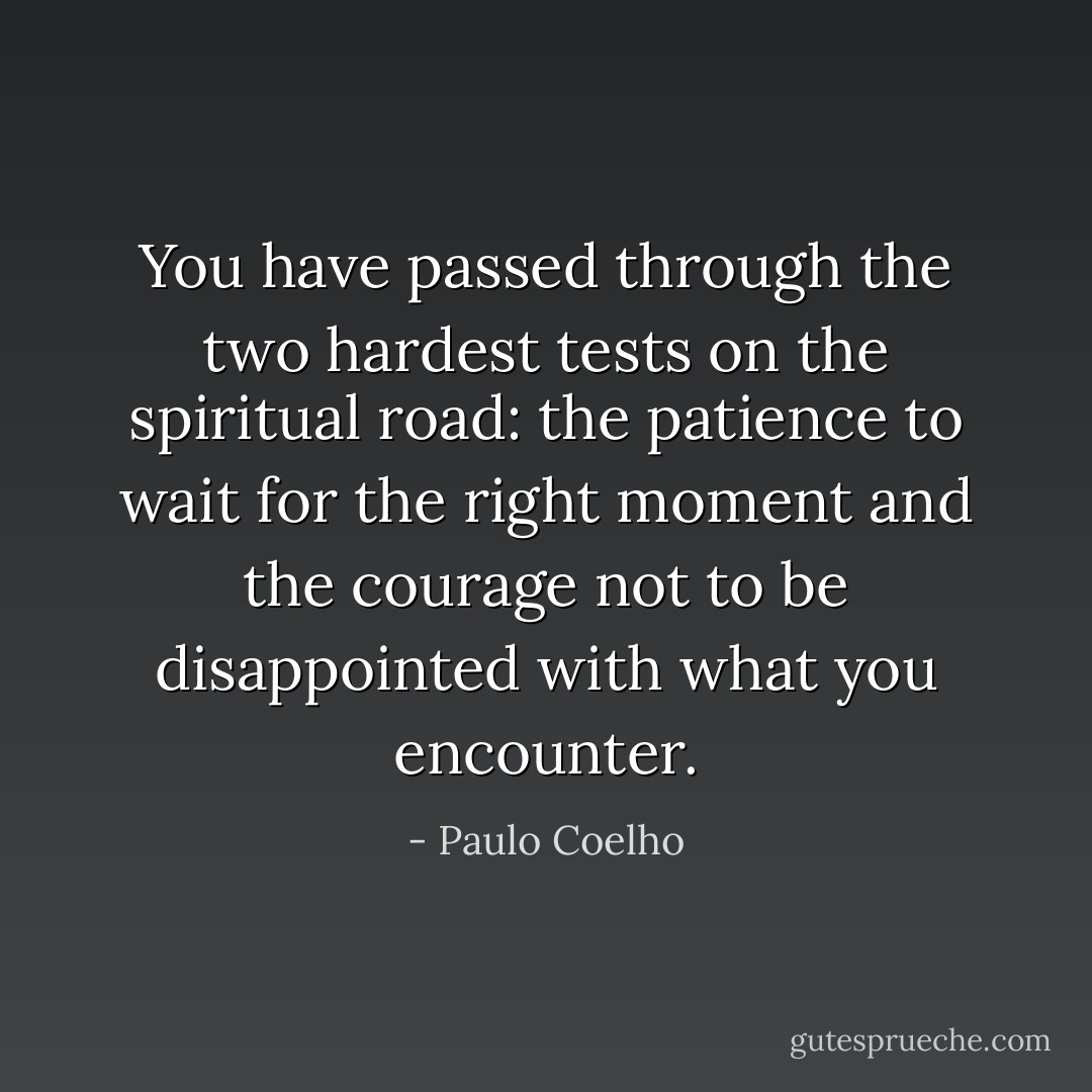 You have passed through the two hardest tests on the spiritual road: the patience to wait for the right moment and the courage not to be disappointed with what you encounter. - Paulo Coelho