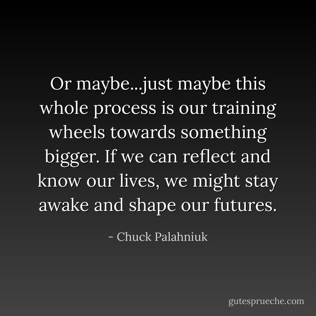 Or maybe...just maybe this whole process is our training wheels towards something bigger. If we can reflect and know our lives, we might stay awake and shape our futures. - Chuck Palahniuk